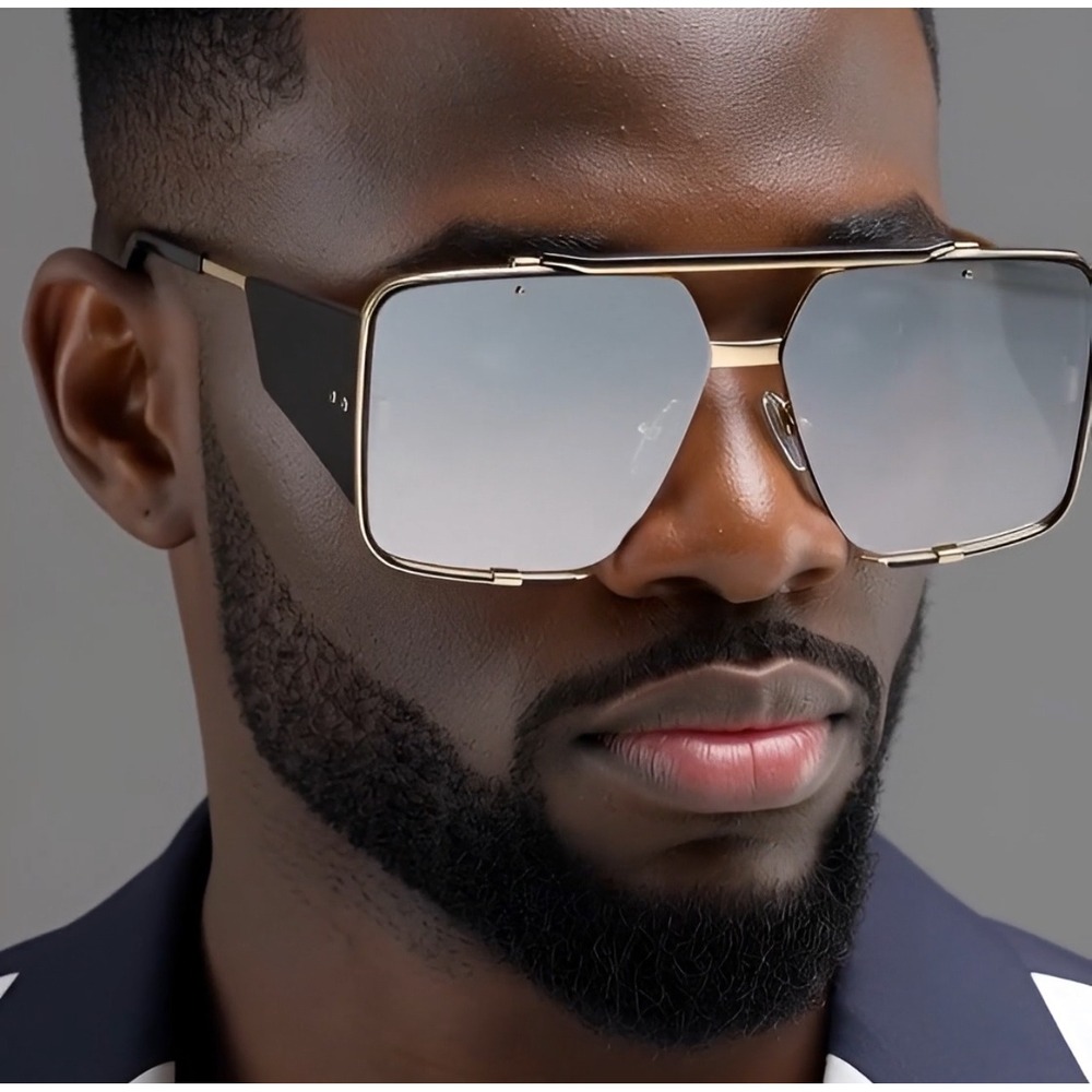 Men's‎ Oversized Square Rimless Sunglasses Gold Tone Black Sides Gradient Lenses